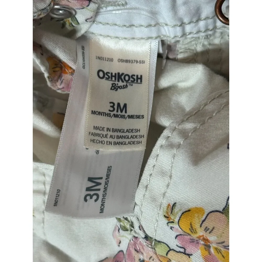 OshKosh B'gosh Floral Shortall Overalls 3M Ivory Pink Baby Girl Romper Vintage